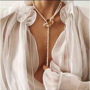 New Anthro PEARLS WITH COIN MEDIALION double threader layer sweater necklace